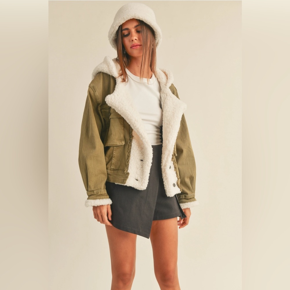 Denim Sherpa Jacket-Olive